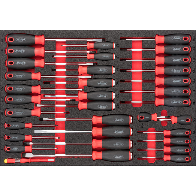 VIGOR Sada šroubováků ∙ V6813 ∙ 34-dílný ∙ 0,5 x 3 – 1,6 x 10 · PH0 – PH3 · T6 – T40 ∙ Počet ks nářadí: 34