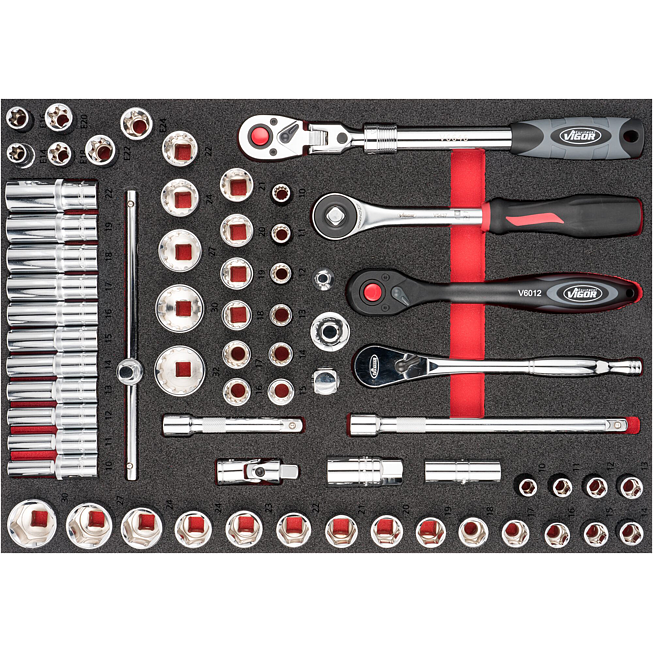 VIGOR Sada nástrčných klíčů ∙ V6822 ∙ 65-dílný ∙ 10 – 32 mm ∙ E14 – E24 ∙ Počet ks nářadí: 65