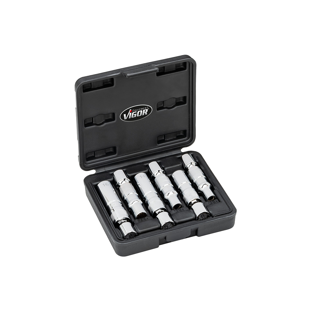 VIGOR Sada vytahováků žhavicích svíček ∙ V7016/6 ∙ 3/8 palce (10 mm) čtyřhran dutý ∙ Vnější dvojitý šestihran profil ∙ 6-dílný ∙ 8 ∙ 9 ∙ 10 ∙ 12 ∙ 14 ∙ 16 ∙ Počet ks nářadí: 6