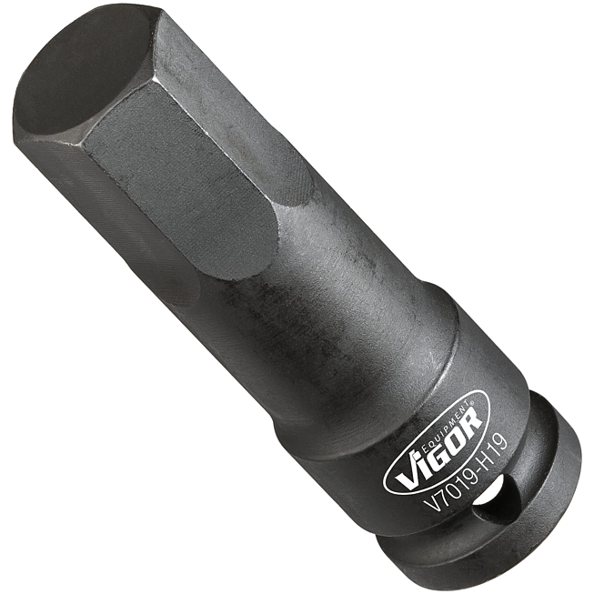 VIGOR Nástrčná hlavice (vnitřní 6hran) pro rázový a strojový utahovák ∙ V7019-H19 ∙ 1/2 palce (12,5 mm) čtyřhran dutý ∙ Profil vnitřní šestihran ∙ Velikost 19 mm