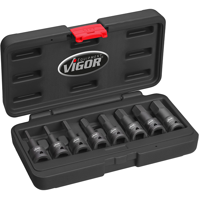 VIGOR Rázový utahovák (vnitřní šestihran) sada nástrčných hlavic ∙ V7019 ∙ 1/2 palce (12,5 mm) čtyřhran dutý ∙ Profil vnitřní šestihran ∙ 8-dílný ∙ 5 – 19 ∙ Počet ks nářadí: 8