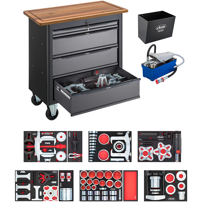 VIGOR Mobilní pracovní stůl řady XL se speciálním nářadím ∙ V7026-2 ∙ 121-dílný ∙ Počet ks nářadí: 121