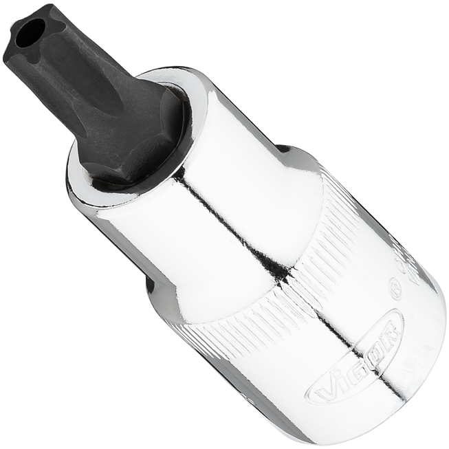 VIGOR T+ nástrčná hlavice ∙ V7055-IPR45 ∙ 1/2 palce (12,5 mm) čtyřhran dutý ∙ Vnitřní profil s 5 zaoblenými bočnicemi, s vyvrtaným čelním otvorem (podobné TORX®) ∙ Velikost T45+H