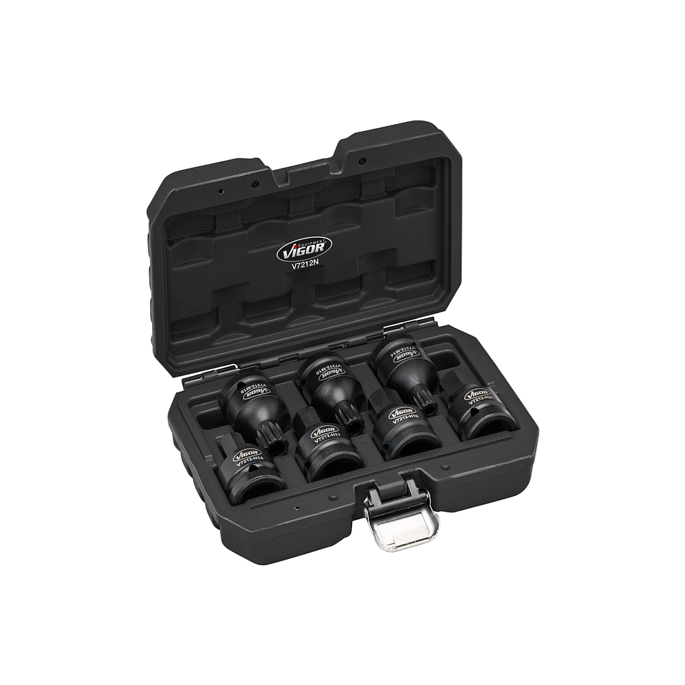 VIGOR Sada nástrčných klíčů pro rázový a strojový utahovák ∙ V7212N ∙ 3/4 palce (20 mm) čtyřhran dutý ∙ Profil vnější šestihran, Vnější dvojitý šestihran profil ∙ 7-dílný ∙ Počet ks nářadí: 7