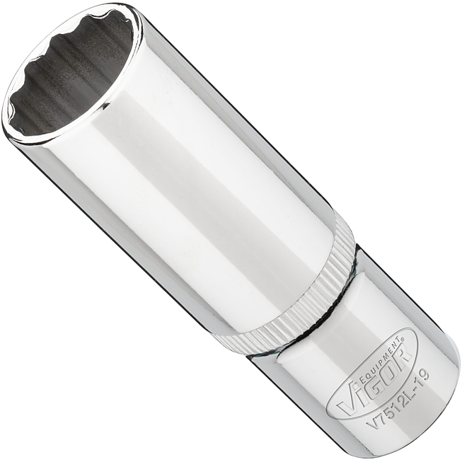 VIGOR N&aacute;strčn&aacute; hlavice dvojit&yacute; &scaron;estihran ∙ dlouh&aacute; ∙ V7512L-19 ∙ 1/2 palce (12,5 mm) čtyřhran dut&yacute; ∙ Vněj&scaron;&iacute; dvojit&yacute; &scaron;estihran profil ∙ Velikost 19 mm