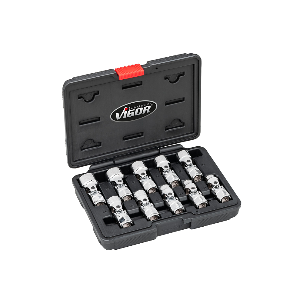 VIGOR Sada kloubových nástrčných klíčů ∙ V7513 ∙ 3/8 palce (10 mm) čtyřhran dutý ∙ Vnější dvojitý šestihran profil ∙ 10-dílný ∙ 10 – 19 mm ∙ Počet ks nářadí: 10