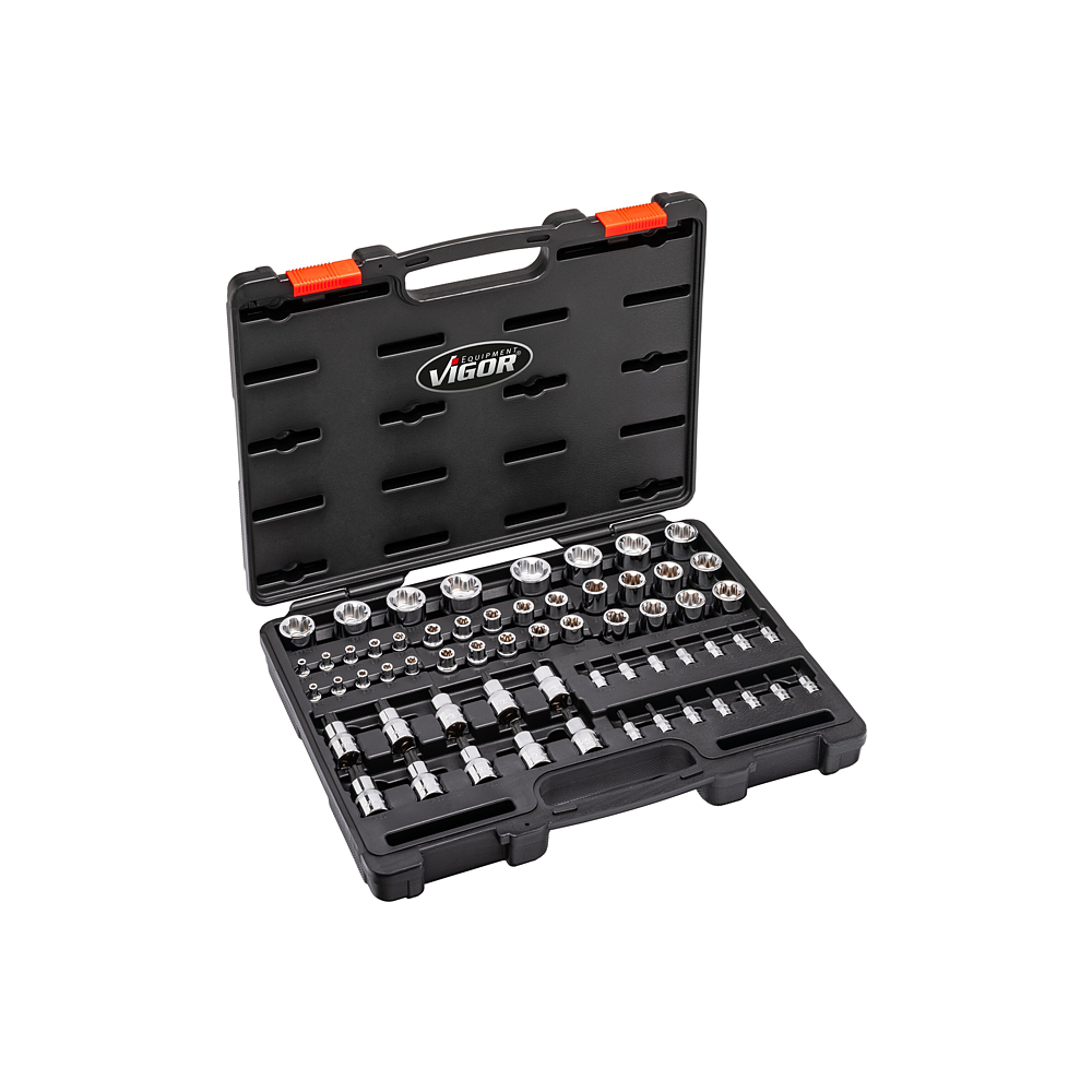 VIGOR Sada T+ nástrčných hlavic ∙ V7920N ∙ 1/4 palce (6,3 mm) čtyřhran dutý, 3/8 palce (10 mm) čtyřhran dutý, 1/2 palce (12,5 mm) čtyřhran dutý ∙ Vnější profil TORX® plus, Vnitřní profil TORX® plus, Profil vnitřní pěticípá hvězda s čepem, Vnější prof